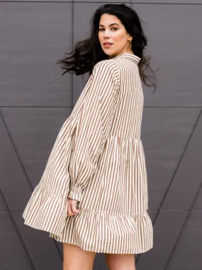 Aleesha Tiered Mini Shirtdress - Brown Cabana Stripe,Women Dresses