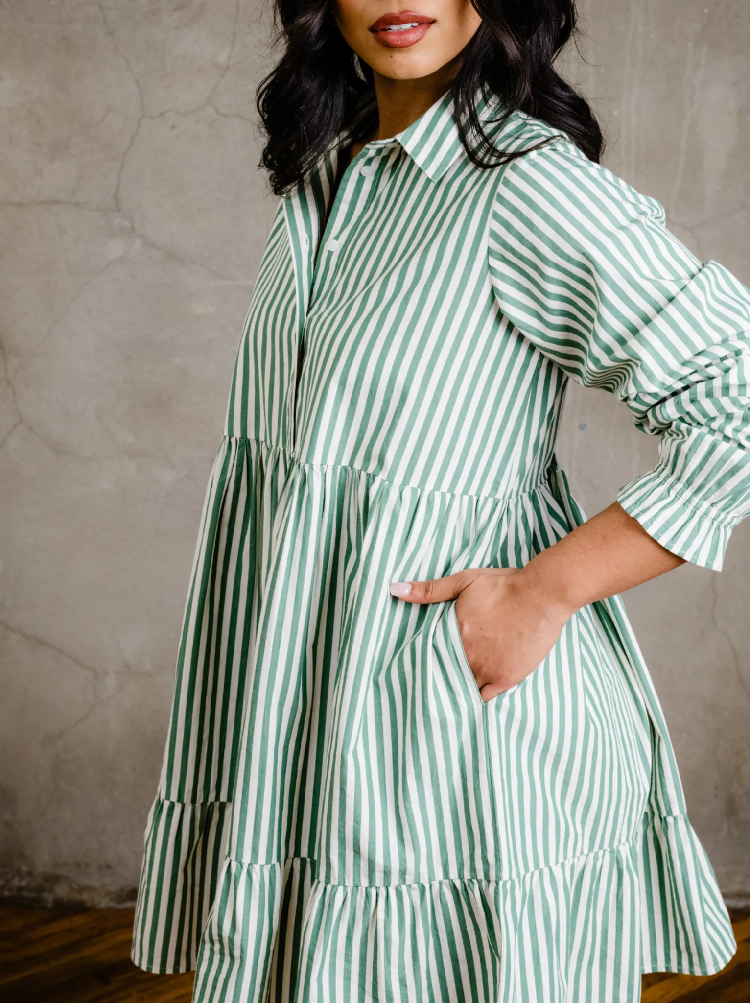Aleesha Tiered Mini Shirtdress - Green Cabana Stripe,Women Dresses