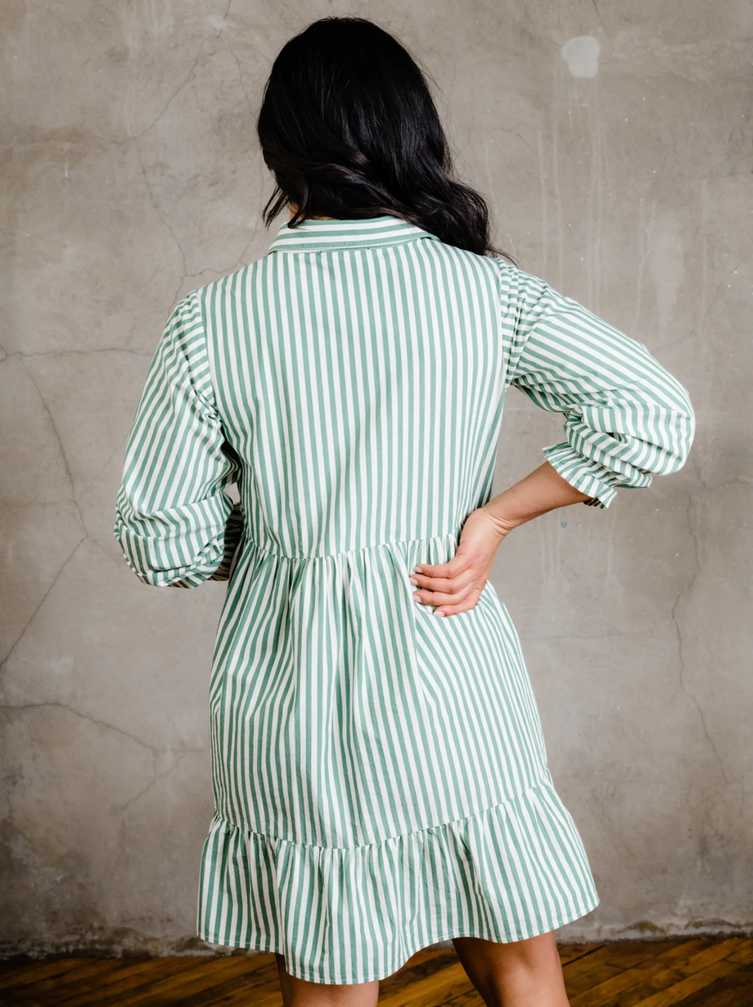 Aleesha Tiered Mini Shirtdress - Green Cabana Stripe,Women Dresses