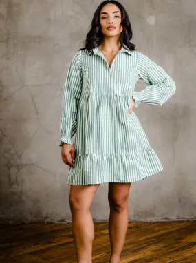 Aleesha Tiered Mini Shirtdress - Green Cabana Stripe,Women Dresses