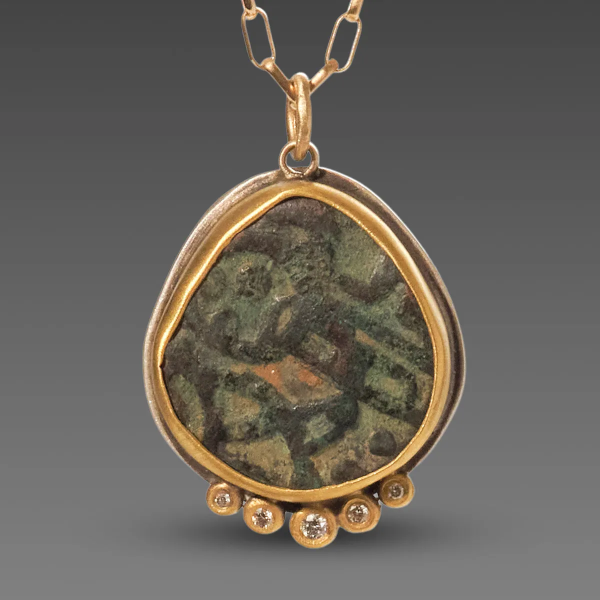 Ancient Indian Coin Necklace with Five Diamonds,Jewelry Delicate & Elegant