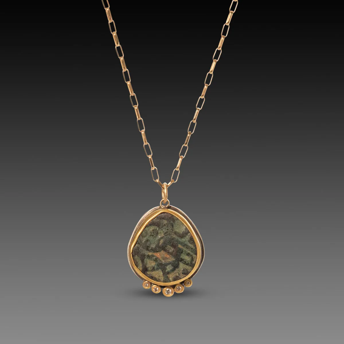 Ancient Indian Coin Necklace with Five Diamonds,Jewelry Delicate & Elegant