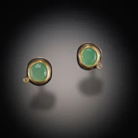 Chrysoprase Stud Earrings with Diamond Dot,Jewelry Delicate & Elegant