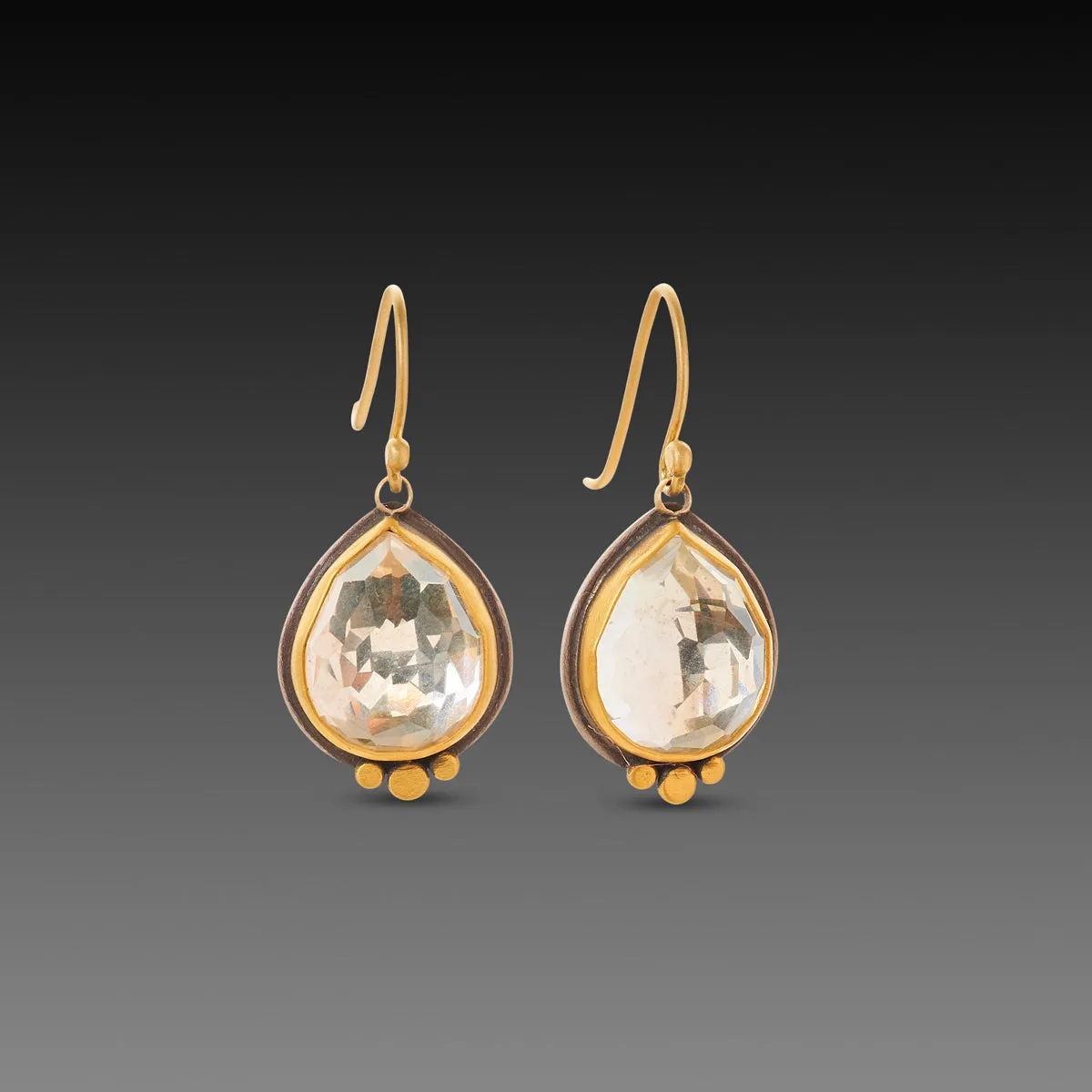 Clear Topaz Teardrop Earrings with 22k Gold Dots,Jewelry Delicate & Elegant
