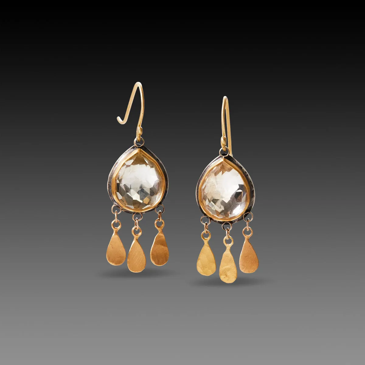 Clear Topaz Teardrop Earrings with 22k Gold Fringe,Jewelry Delicate & Elegant