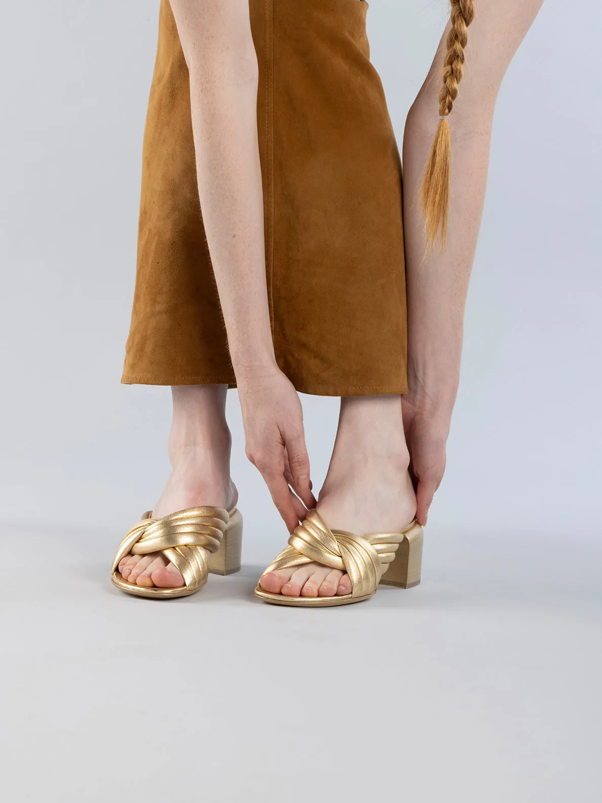 ETHEL 022 - Gold Leather Slide Sandals,Women Sandals