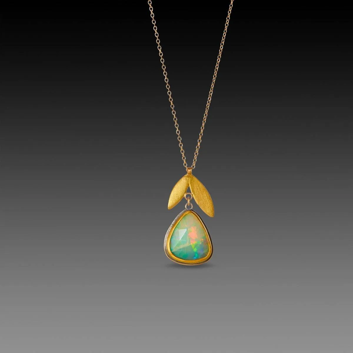 Ethiopian Opal with 22k Double Leaf Necklace,Jewelry Delicate & Elegant