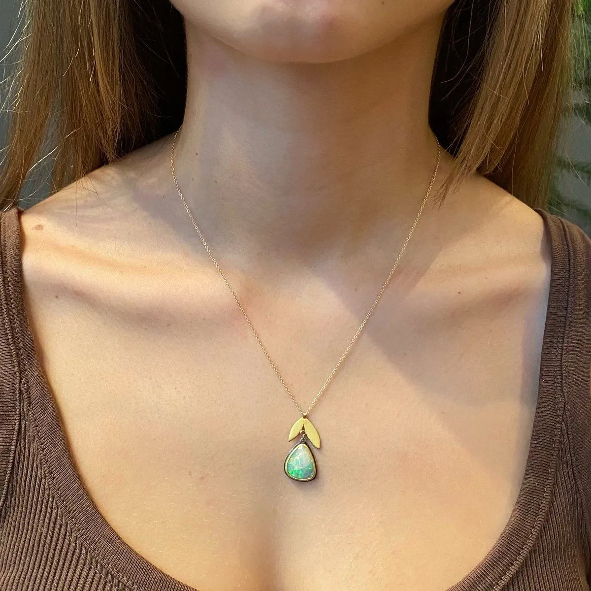 Ethiopian Opal with 22k Double Leaf Necklace,Jewelry Delicate & Elegant
