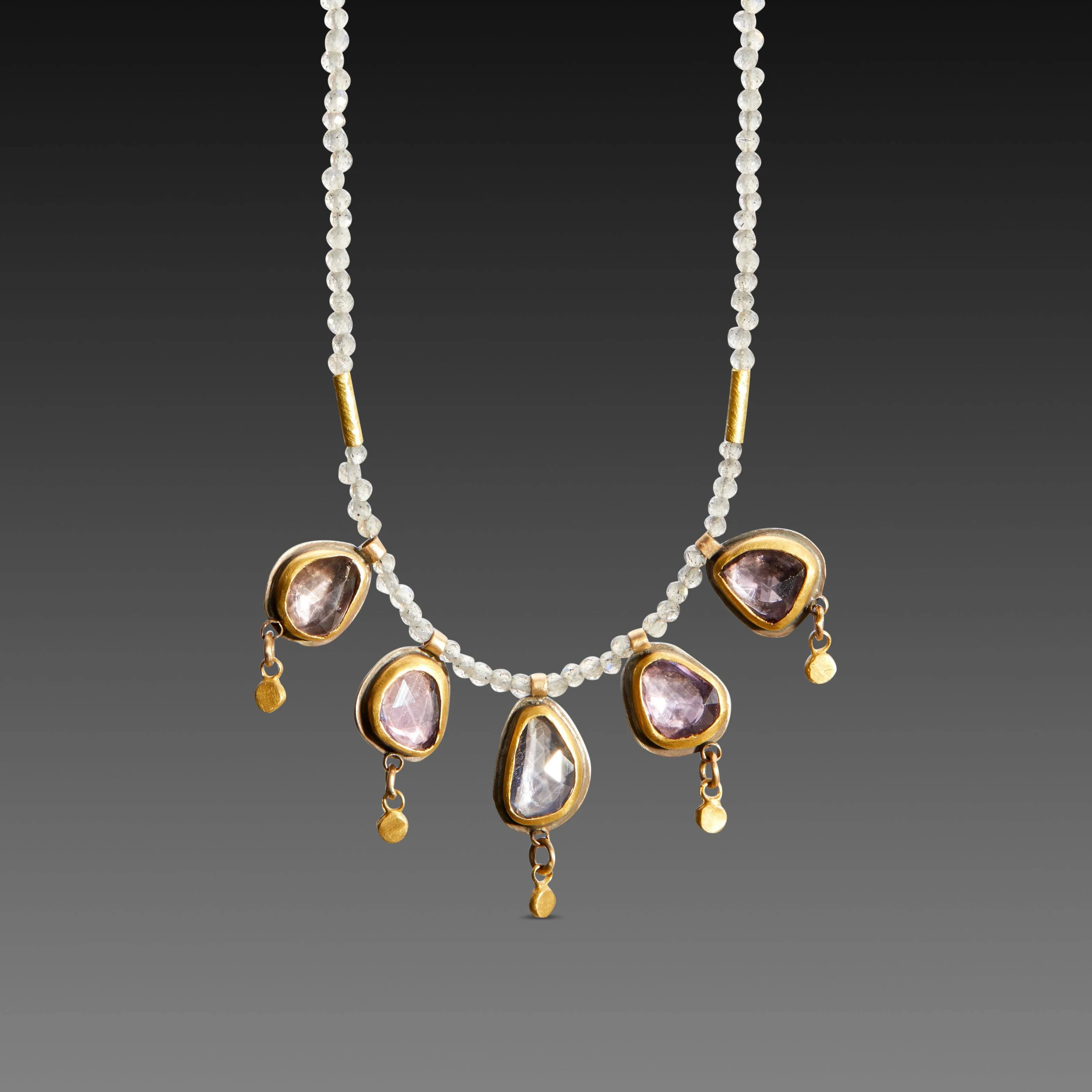 Five Pink Sapphires with Labradorite Beaded Necklace,Jewelry Delicate & Elegant