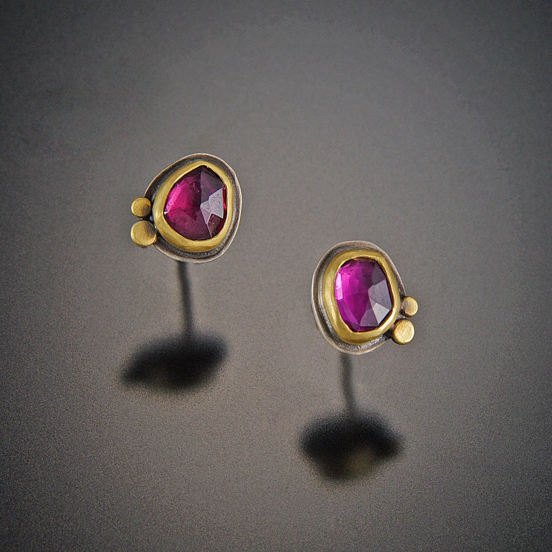 Garnet Stud Earrings with Two 22k Dots,Jewelry Delicate & Elegant