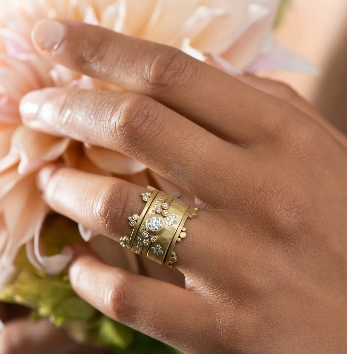 Hammered Cluster Band with Diamonds,Men Rings