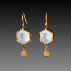 Hexagon Moonstone Earrings with Gold Drops,Jewelry Delicate & Elegant