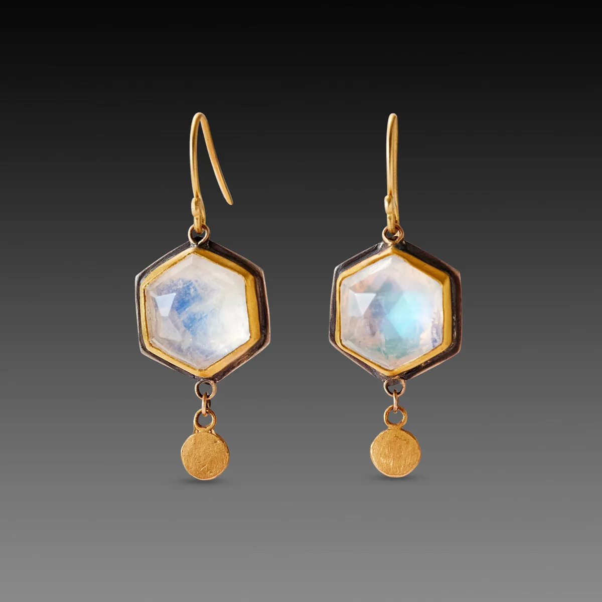 Hexagon Moonstone Earrings with Gold Drops,Jewelry Delicate & Elegant
