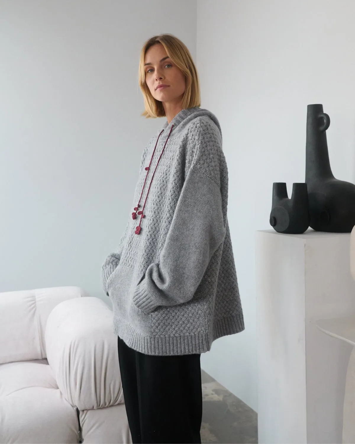 ?ilvinas: Fog Grey Merino Wool Hoodie,Women Sweaters