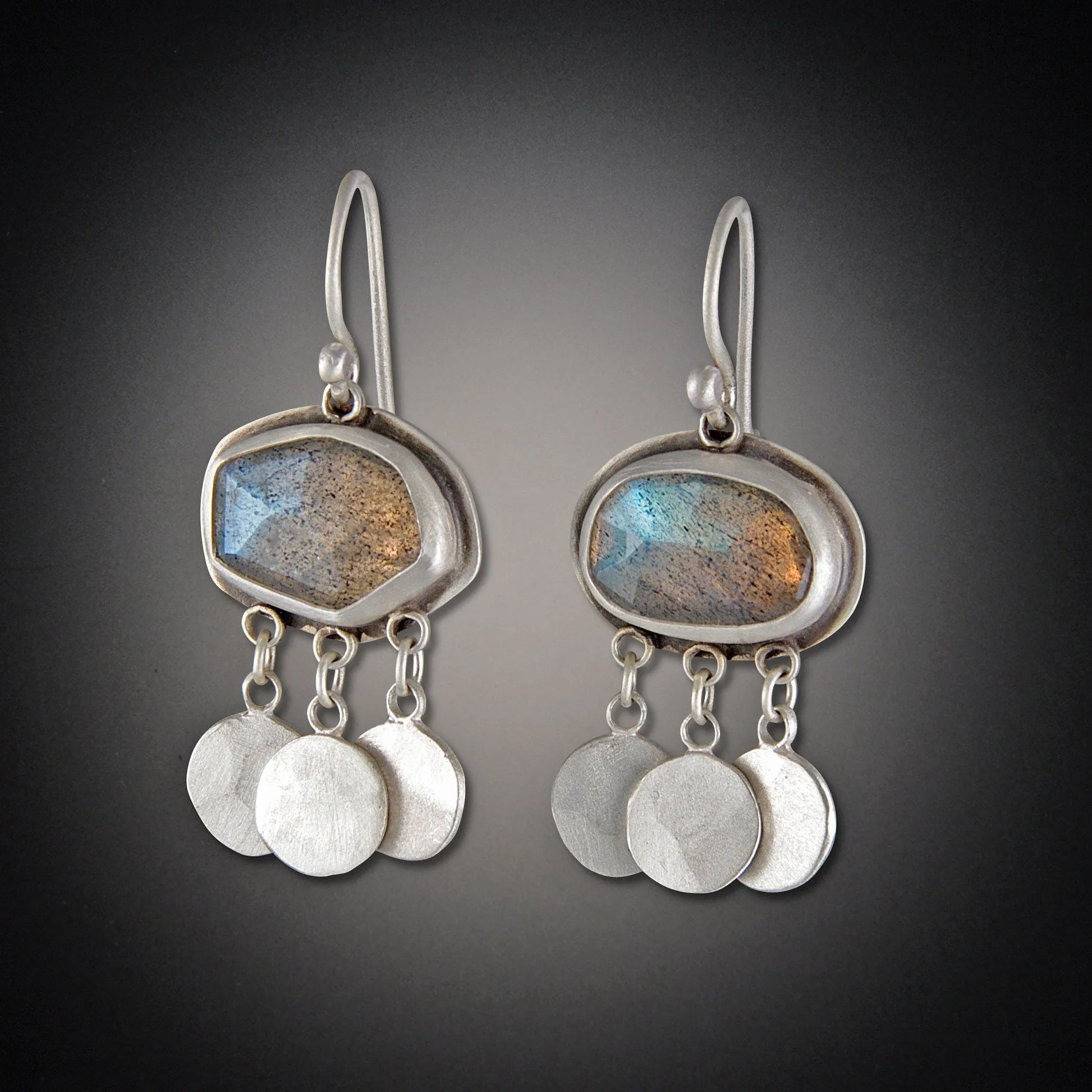 Labradorite Earrings with Hammered Disk Drops,Jewelry Delicate & Elegant