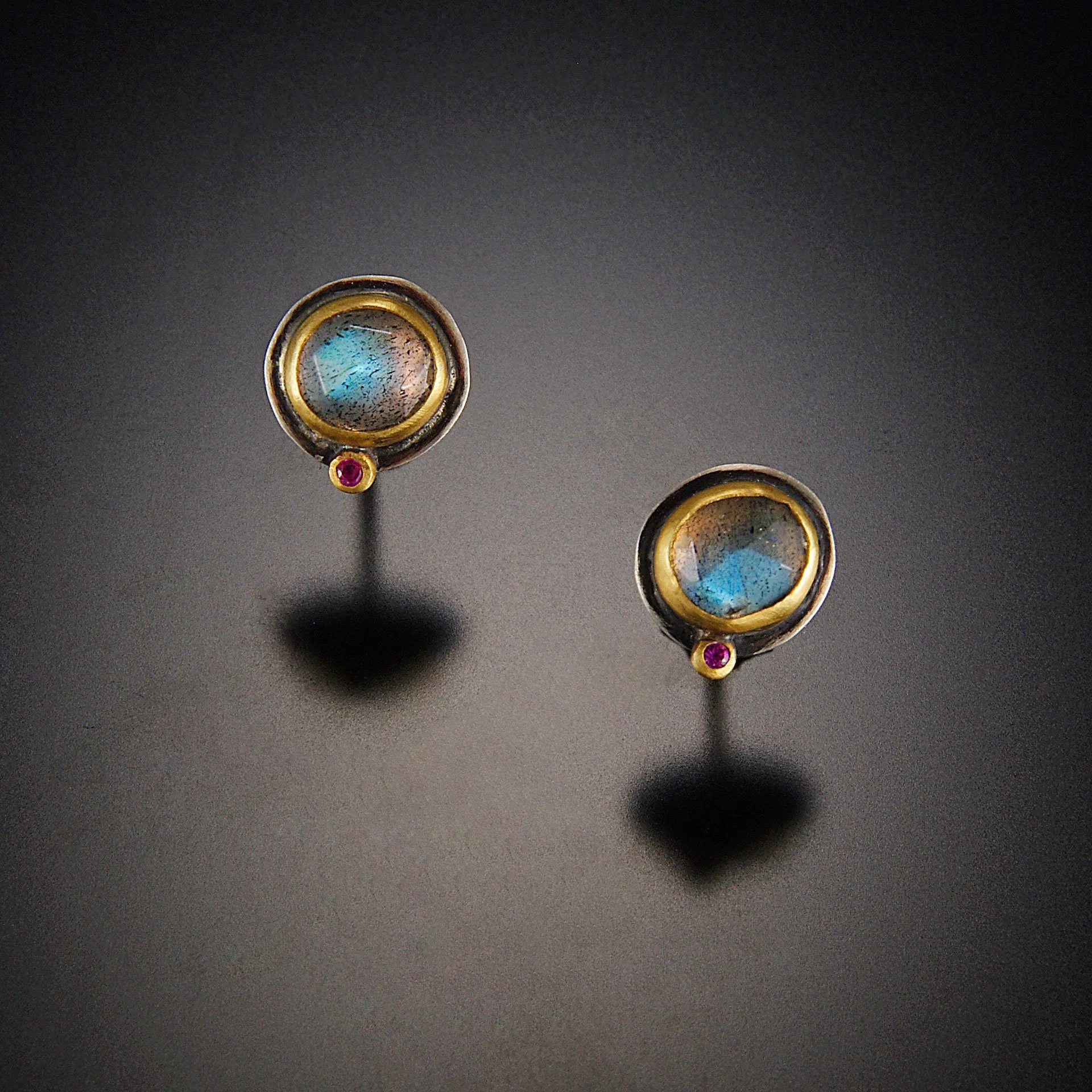 Labradorite Stud Earrings with Ruby Dot,Jewelry Delicate & Elegant