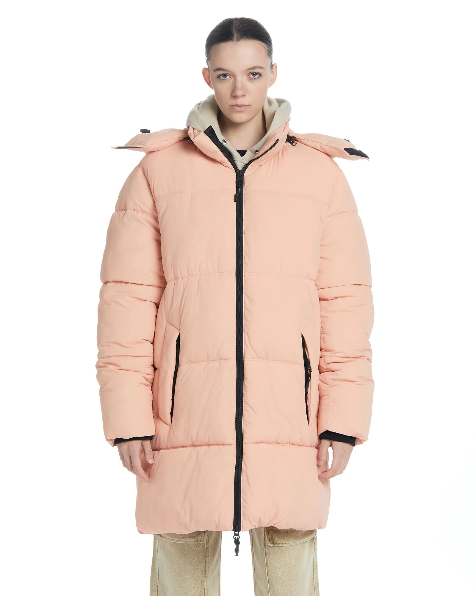 Long Hooded Puffer - Coral Pink,Women