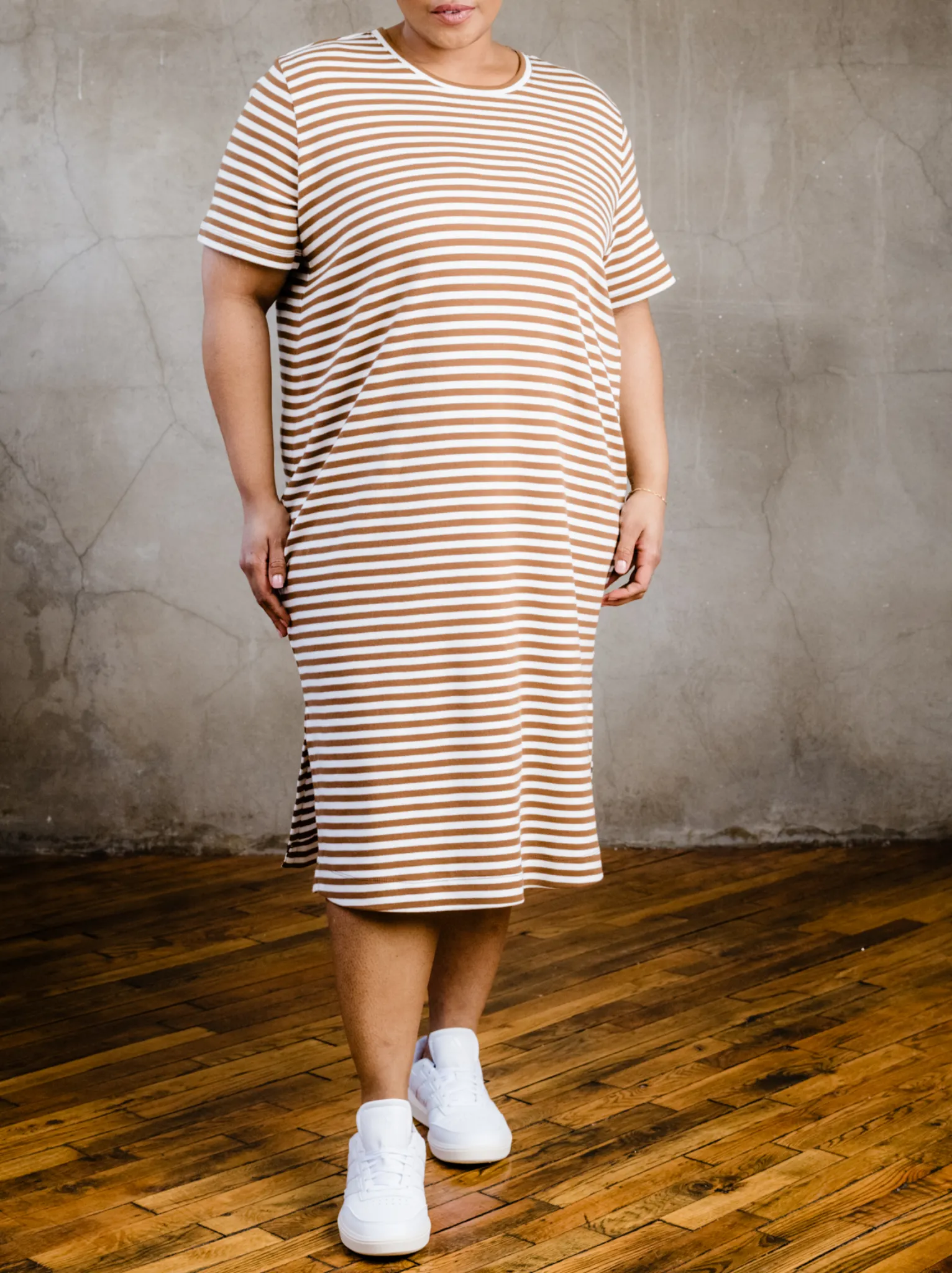 Maria Boxy Midi Dress - Pecan Stripe,Women Dresses
