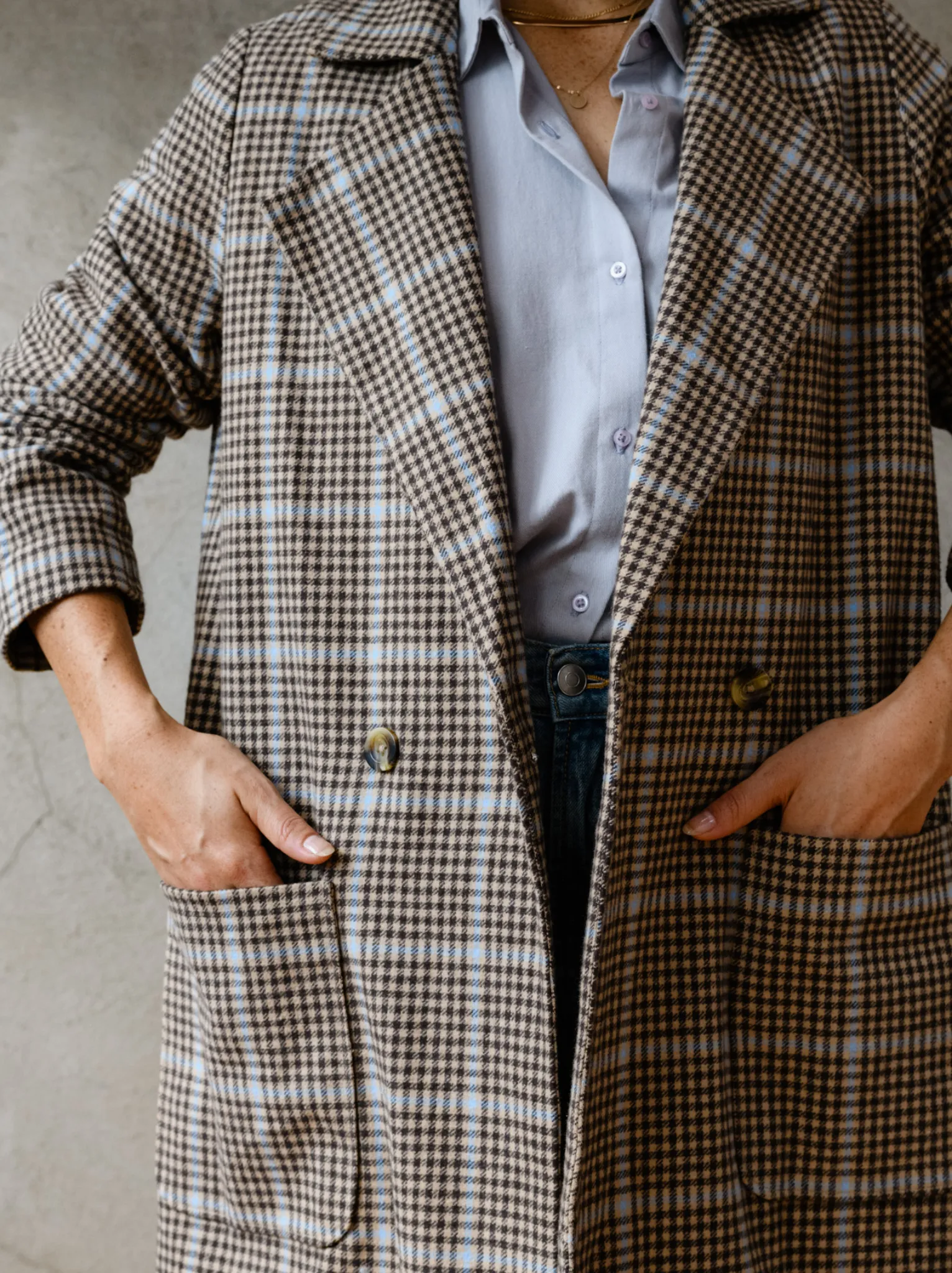 Marie Brushed Plaid Overcoat - Blue/Neutral Plaid,Women