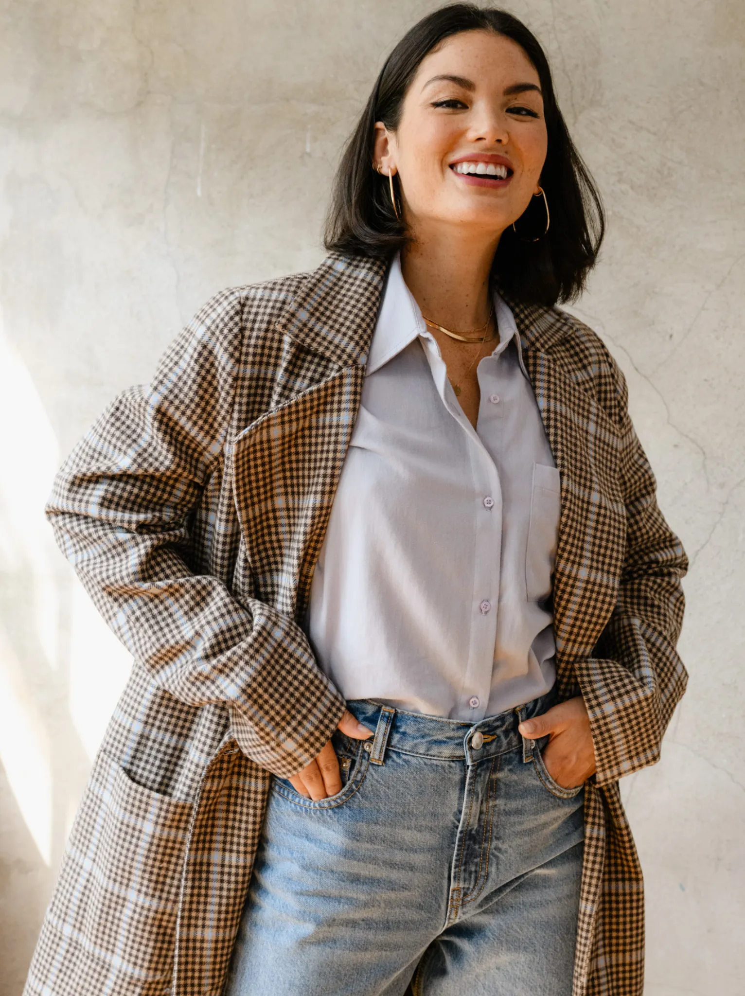Marie Brushed Plaid Overcoat - Blue/Neutral Plaid,Women