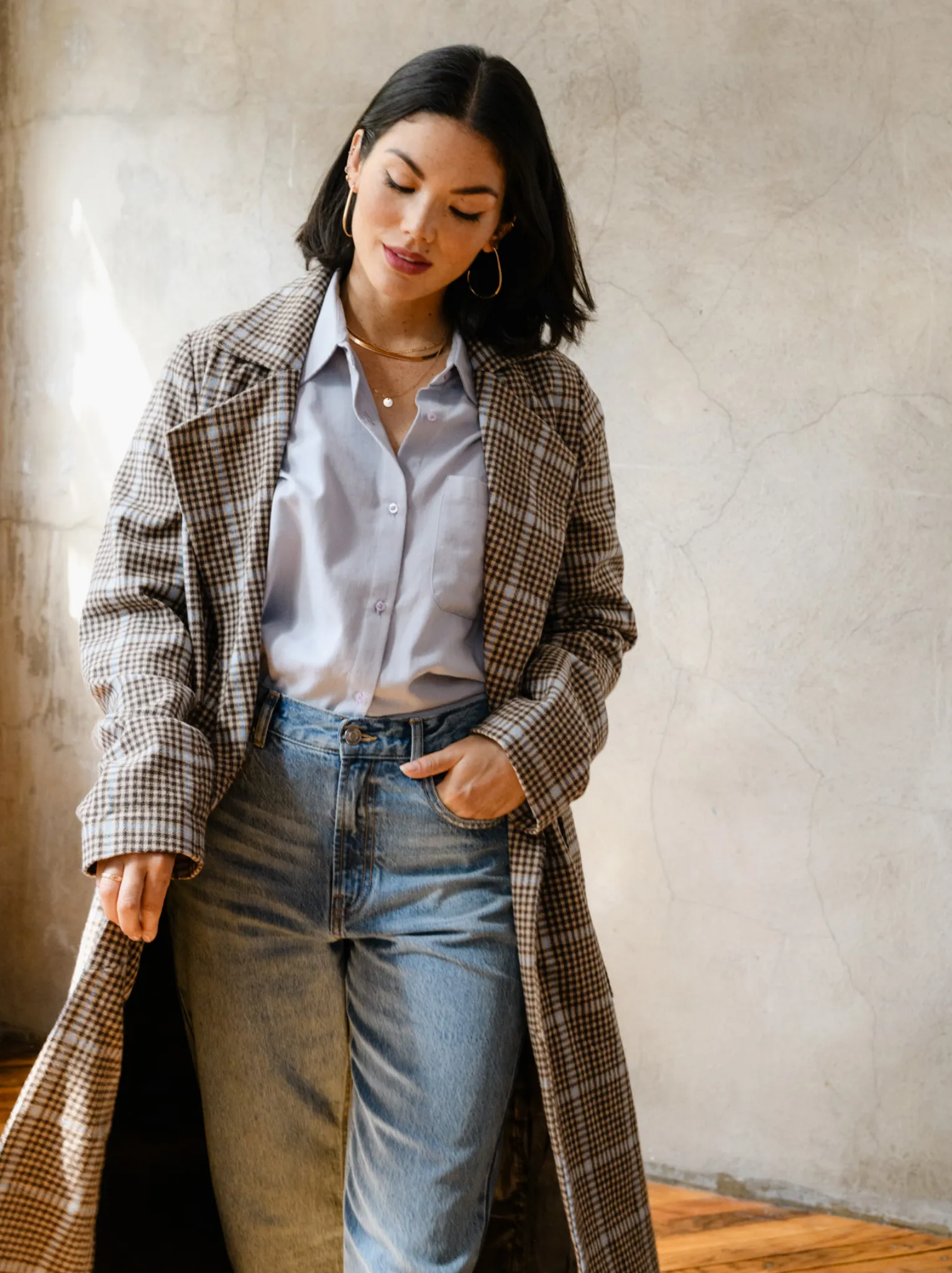 Marie Brushed Plaid Overcoat - Blue/Neutral Plaid,Women