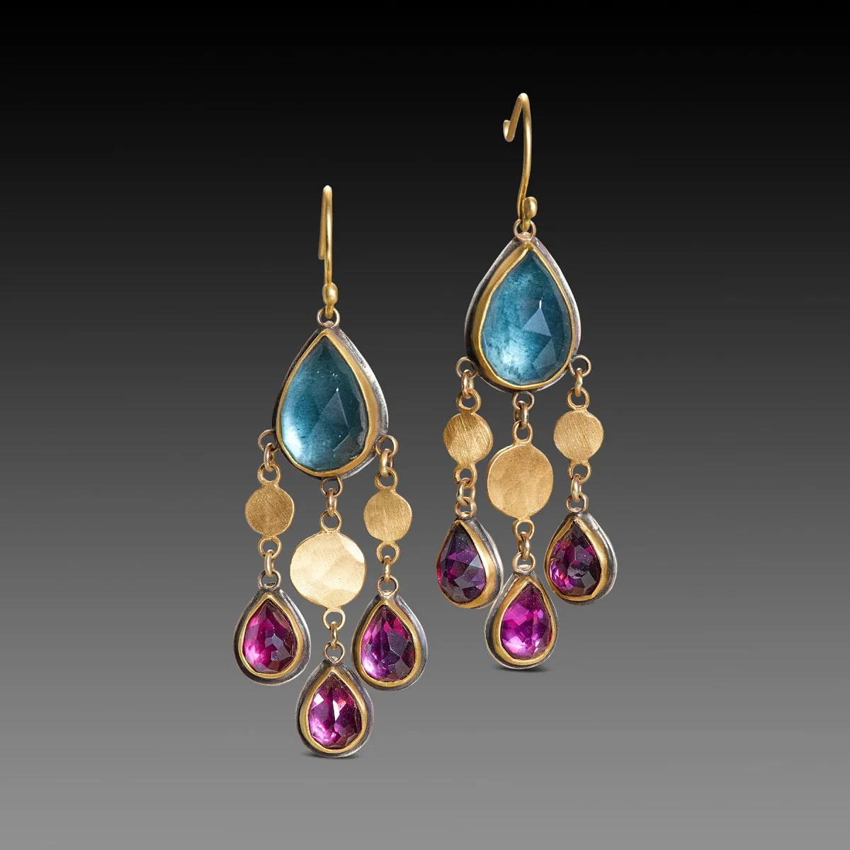 Moss Aquamarine and Rhodolite Garnet Chandelier Earrings,Jewelry Delicate & Elegant