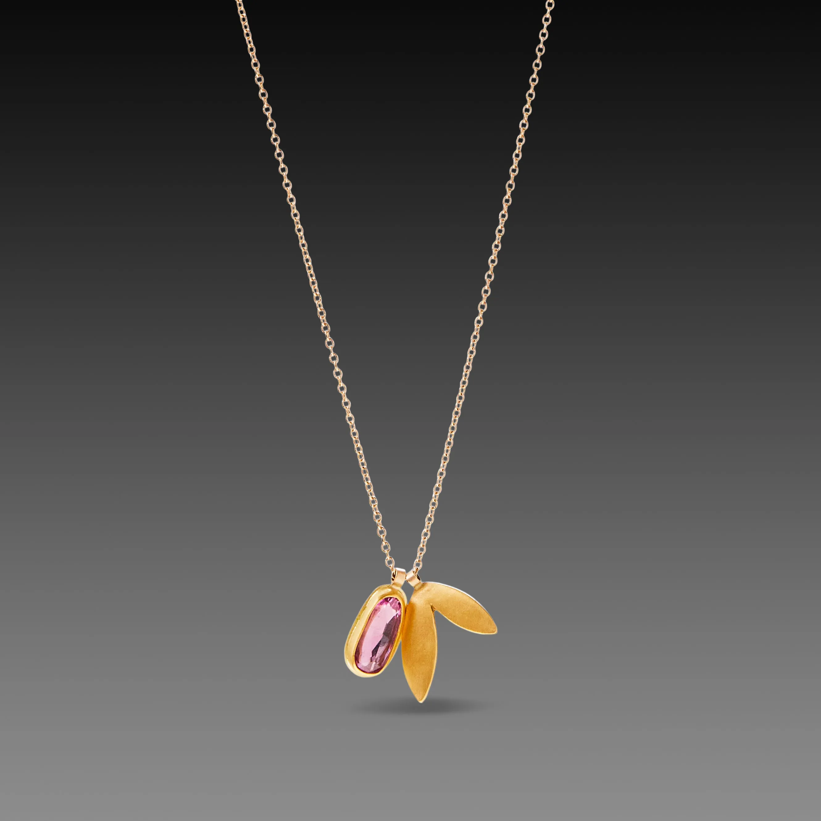 Pink Sapphire and 22k Leaf Charm Necklace,Jewelry Delicate & Elegant