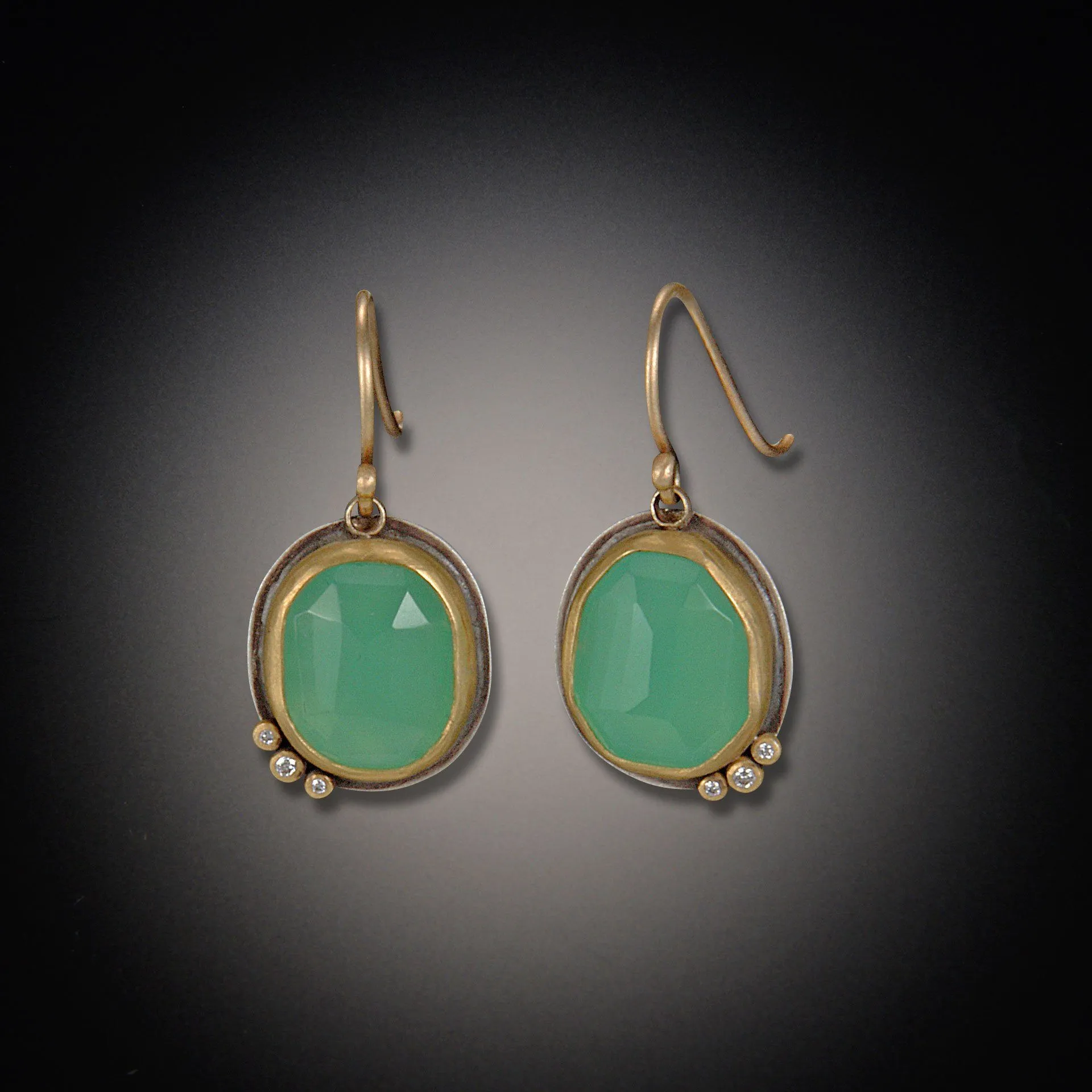 Rose Cut Chrysoprase Earrings with Three Diamonds,Jewelry Delicate & Elegant