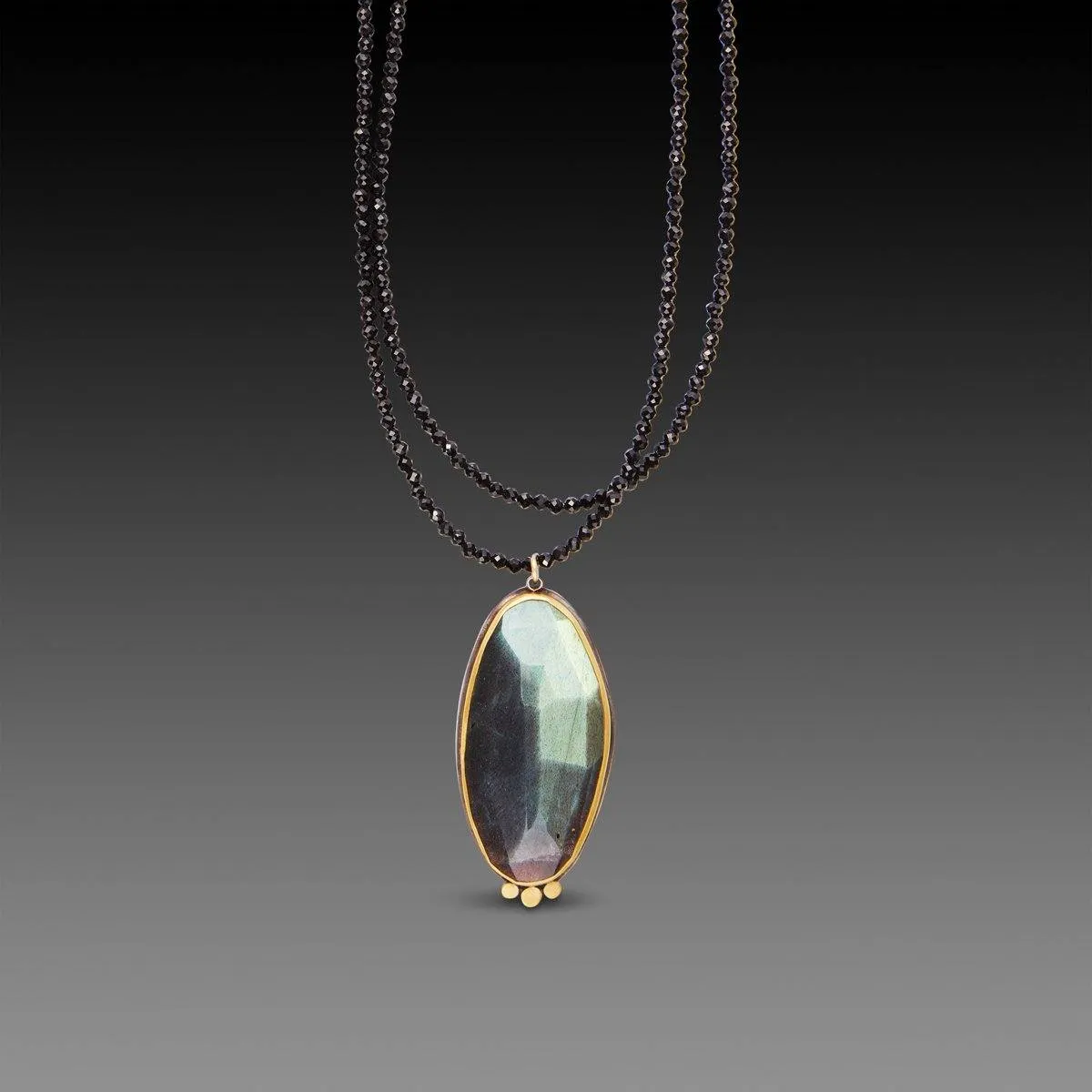 Rose Cut Labradorite on Long Black Spinel Necklace,Jewelry Delicate & Elegant