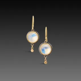 Round Moonstone Earrings with Gold Drops,Jewelry Delicate & Elegant