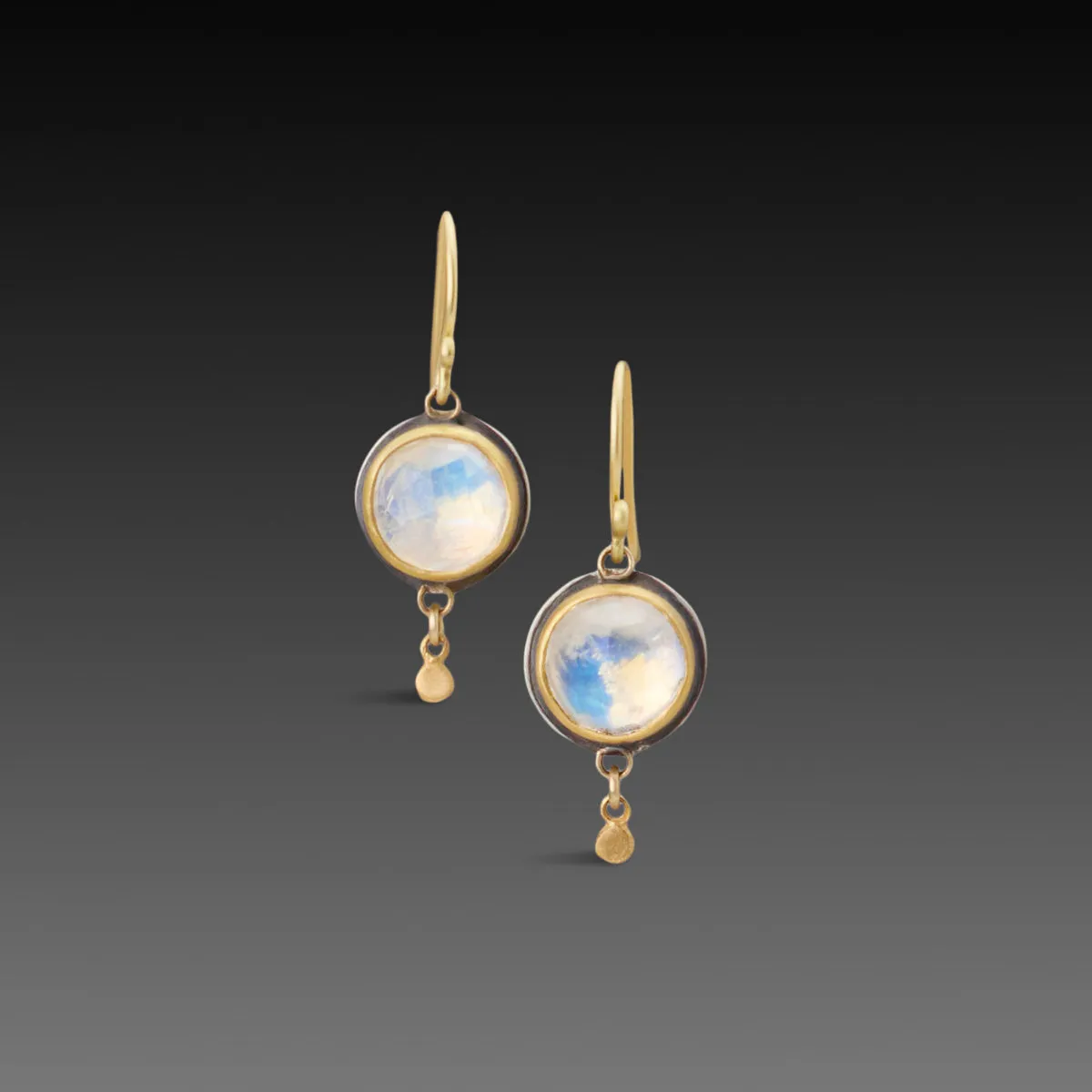 Round Moonstone Earrings with Gold Drops,Jewelry Delicate & Elegant