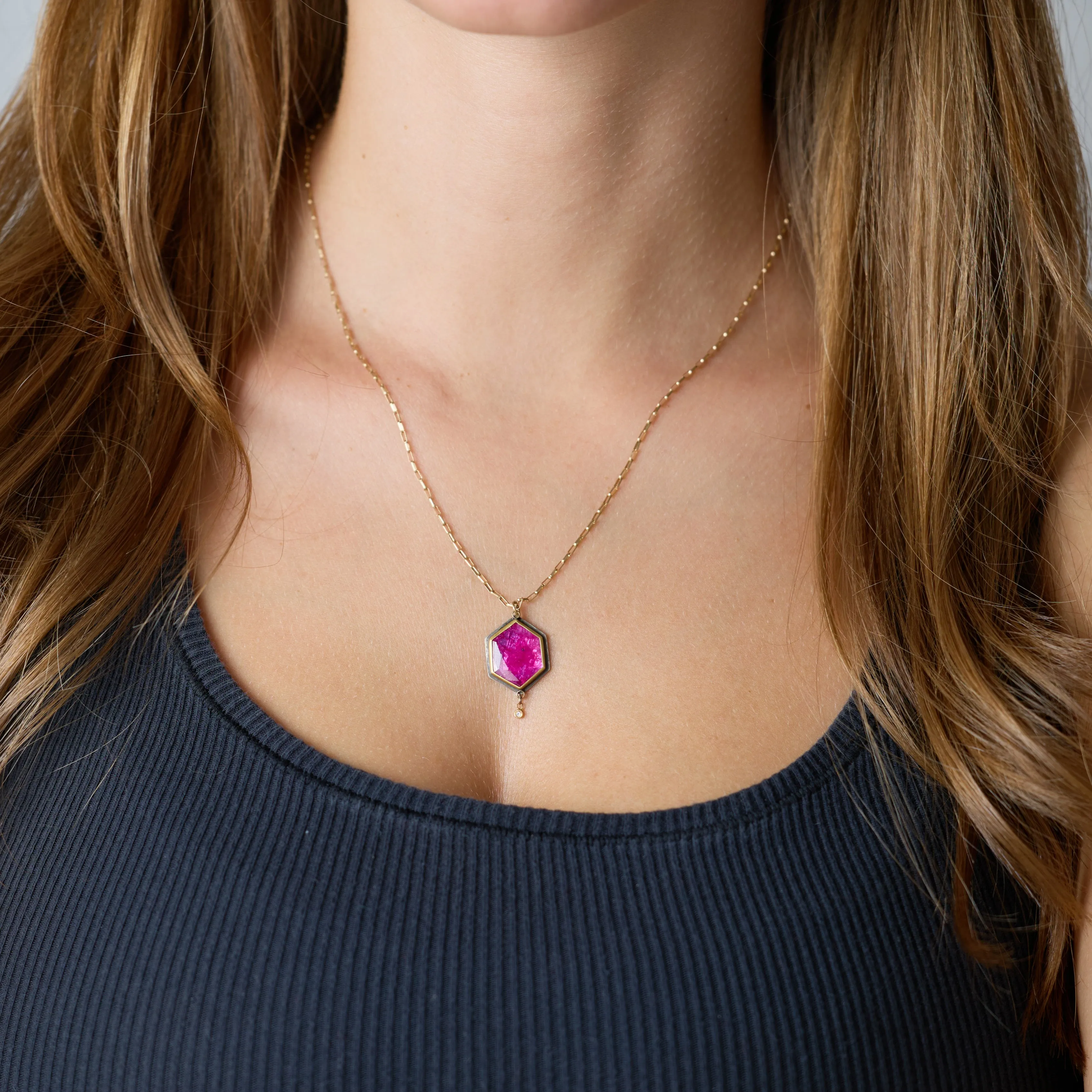 Ruby Hexagon Necklace with Diamond Drop,Jewelry Delicate & Elegant