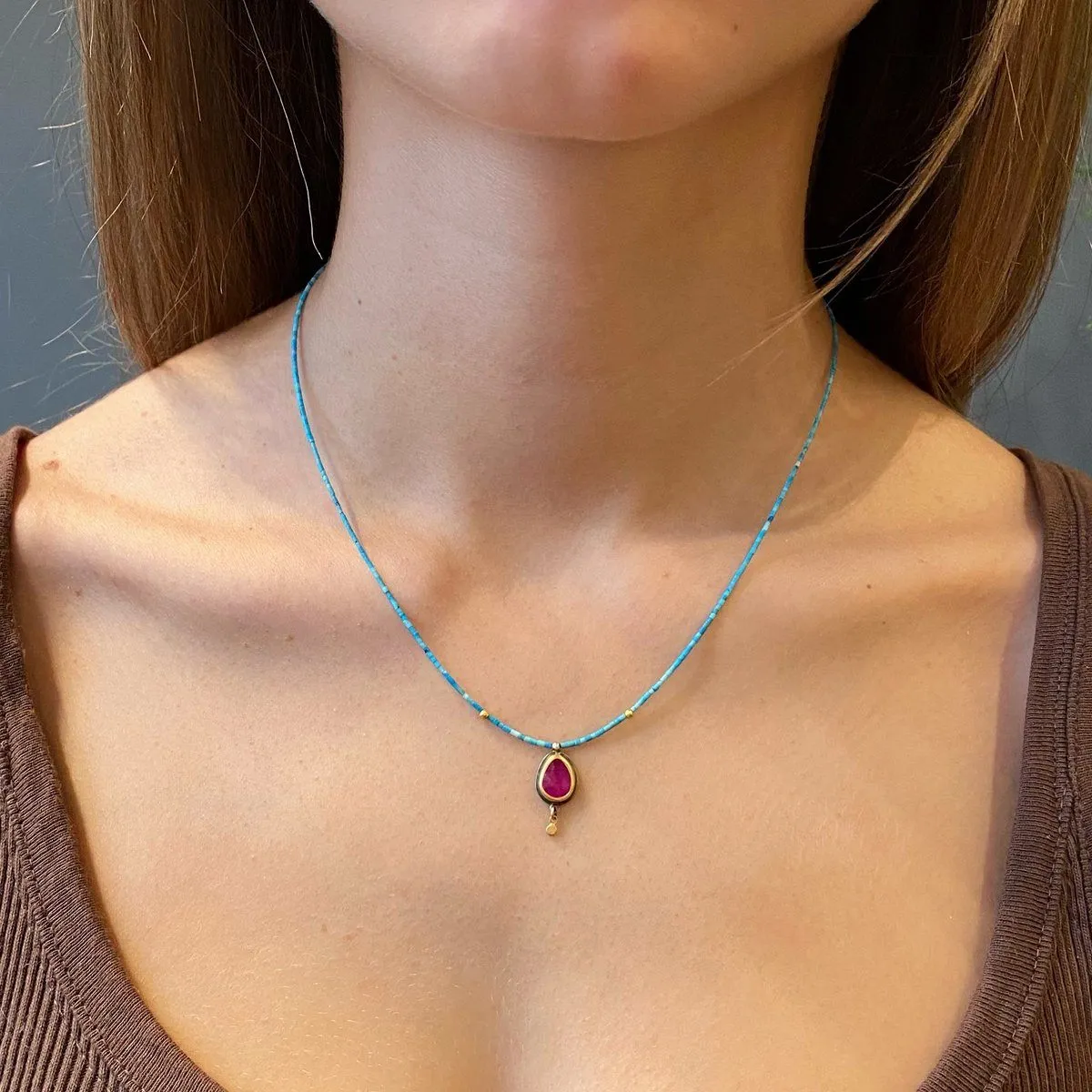 Ruby Teardrop and Turquoise Beaded Necklace,Jewelry Delicate & Elegant