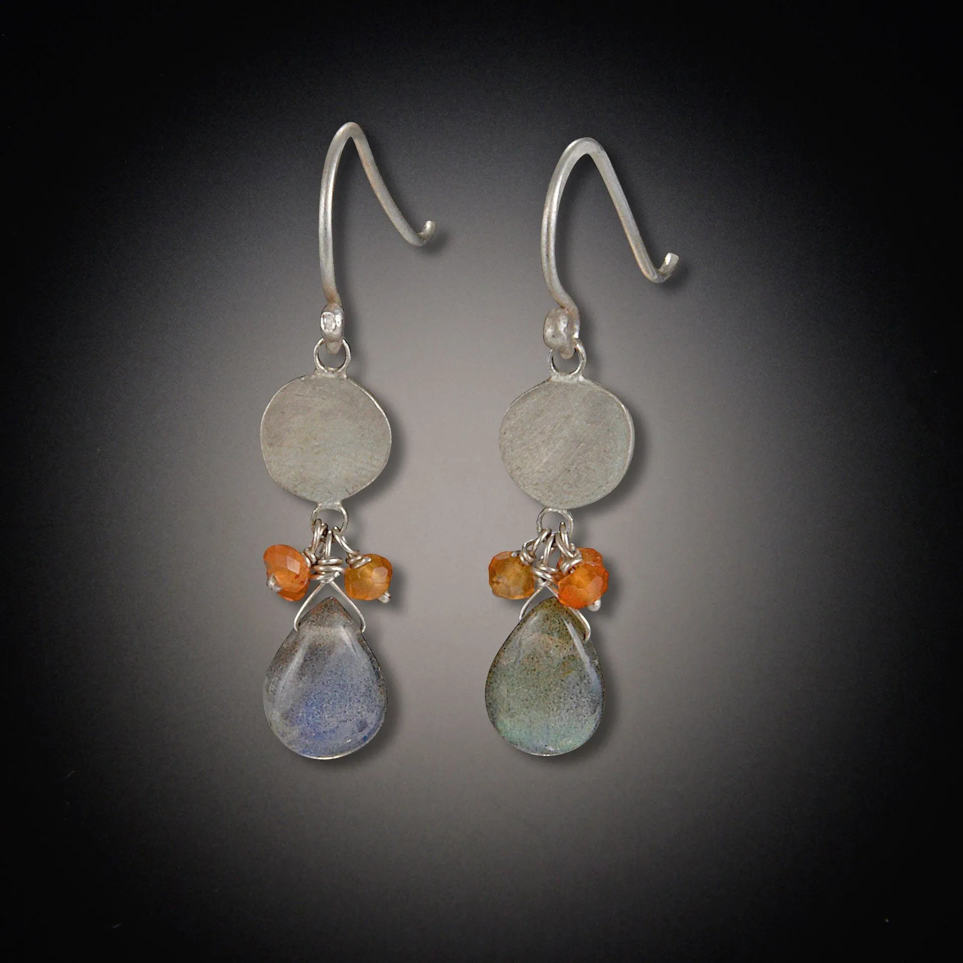 Single Disk with Labradorite Drop and Carnelian Clusters Earrings,Jewelry Delicate & Elegant