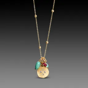 Turquoise, Ruby & Gold Cluster Necklace,Jewelry Delicate & Elegant