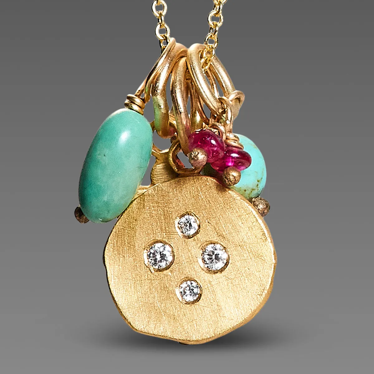 Turquoise, Ruby & Gold Cluster Necklace,Jewelry Delicate & Elegant