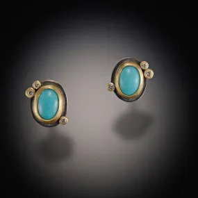 Turquoise Stud Earrings with Three Diamond Dots,Jewelry Delicate & Elegant