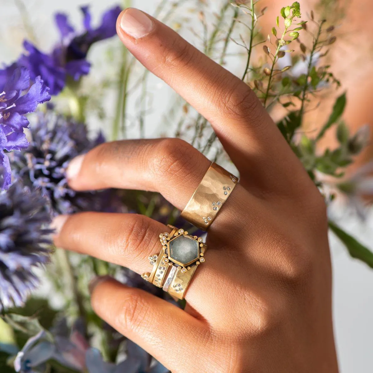 Wide Hammered Band with Diamond Trios,Men Rings