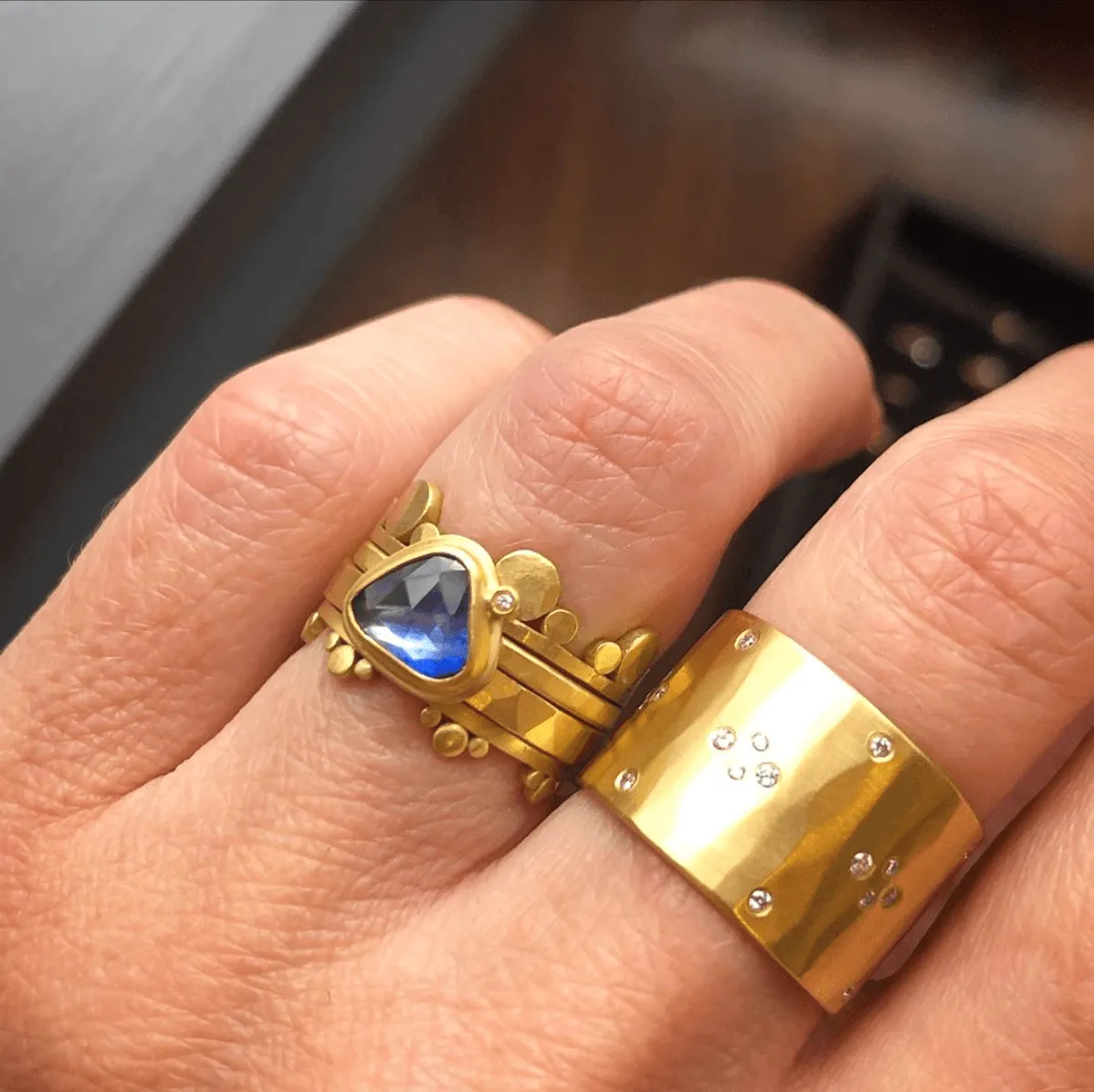 Wide Hammered Cluster Band with Diamonds,Men Rings